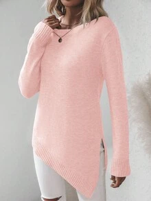 EMERY ROSE Women's Solid Color Round Neck Drop Shoulder Long Sleeve Split Hem Casual Versatile Knit Pullover Sweater - Pink - View 4