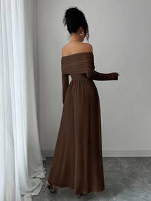 Elenzga Vestido de manga larga con hombros descubiertos y pliegues de unicolor para mujer