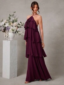 L'Amorae 优雅浪漫婚礼宾客纯色露背分层雪纺长裙 - Red Plum - 查看 4