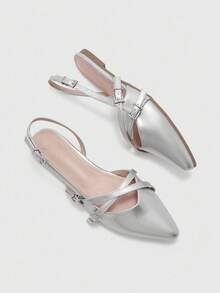 CUCCOO BIZCHIC 女士尖头平底鞋，带交叉扣带，银色露背平底鞋，舒适百搭休闲鞋，适合工作和日常穿着 - 銀色 - 查看 9