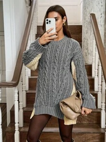 SHEIN LUNE Váy len dệt kim dài tay cổ tròn màu khối bất đối xứng, dáng rộng thoải mái cho nữ mùa thu/đông, đa năng cho kỳ nghỉ, ngày lễ, ngoài trời, hẹn hò, công sở, trường học, thanh lịch và thoải mái - Nhiều màu - Xem 2