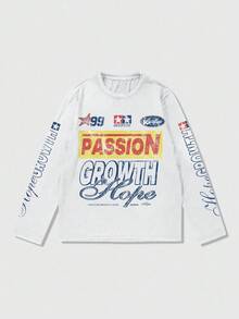 ROMWE MEN Street Life Men's Jersey Racing Print Pattern Lightweight T-Shirt, Suitable For Casual Spring And Summer, Fall, Long Sleeve Top - White - View 3