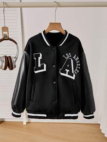 SHEIN 女童夹克外套，正面字母刺绣图案，黑色 PU 皮革袖子，黑白条纹袖口、下摆和衣领，适合秋冬季外出、散步、上学、通勤，可搭配长袖、毛衣、裤子