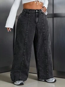 SHEIN CURVE+ 大码休闲简约牛仔裤，适合夏季，曲线加大，Hoho 度假 - 黑色 - 查看 4