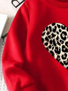 SHEIN Tween Girl Casual Leopard Heart Print Round Neck Sweatshirt - Red - View 5