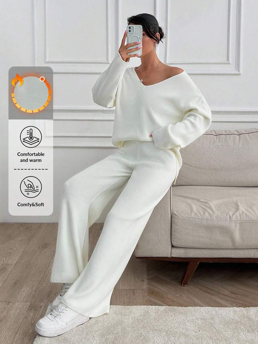 EURMUSE Petite Petite Women V-Neck Oversize Sweater And Knit Pant Set - White - View 1