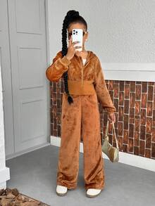 Áo nỉ thể thao có mũ trùm đầu màu đen có khóa kéo thường ngày cho bé gái và áo liền quần cạp cao chải kỹ, phù hợp mặc thường ngày vào mùa thu/đông - màu nâu - Xem 4