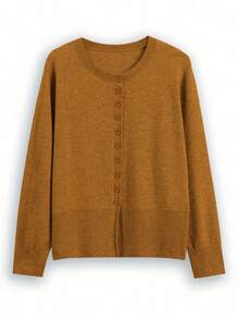 SHEIN LUNE 秋冬大码休闲纯色开衫 - 鏽棕色 - 查看 1