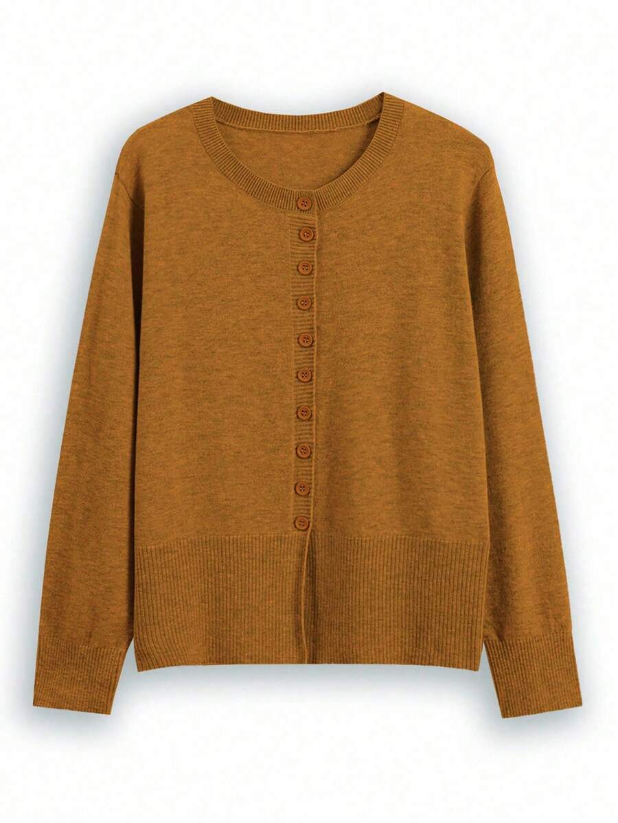 SHEIN LUNE 秋冬大码休闲纯色开衫 - 鏽棕色 - 查看 1