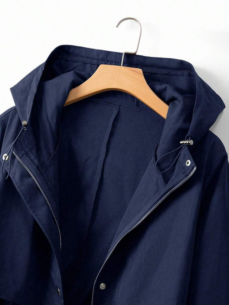 EMERY ROSE Jaqueta Corta-Vento com Capuz e Cintura Marcada Plus Size para Mulheres, Casual Elegante de Modelagem Solta e Acabamento Premium para Verão - Azul Marinho - Visão 4