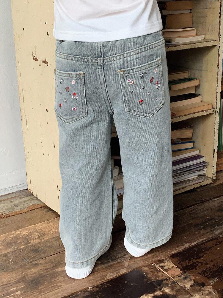 DAZY 女童韩版休闲水洗花卉刺绣长款牛仔裤 - 藍色 - 查看 6