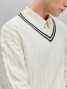 OFFICEAU 男士 Old Money V 领白色毛衣，宽松版型，麻花针织，秋冬款 - 白色 - 查看 4