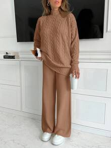 EURMUSE Women High Neck Sweater And Maxi Sweater Skirt 2 Two Pieces Set Co-Ords - Mocha Brown - View 7