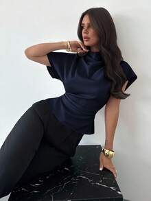 Firerie Crinkle Collar Asymmetrical Sleeve Side Ruched Cinched Waist Commuter Apricot Bamboo Fiber Linen Blouse For Women, All Season - Navy Blue - View 5