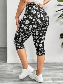 SHEIN Essnce 大码女式夏季七分裤，2 件印花紧身裤黑色紧身裤运动七分裤女式紧身裤，女式两件套黑色紧身裤秋装，教师装 - 彩色 - 查看 2