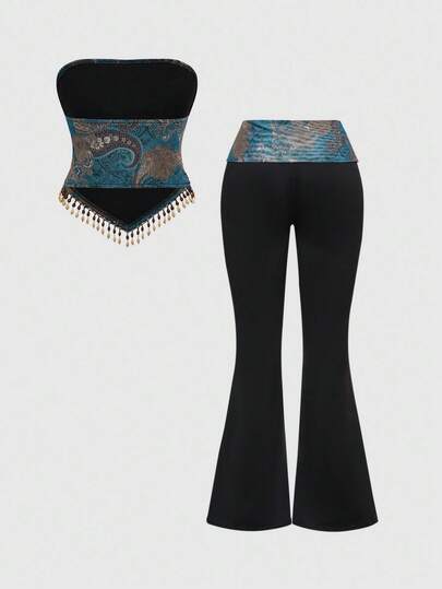 Hippie Ensemble bohème rétro hippie pour festival de musique western, avec perles en bois, franges et imprimé cachemire pour femmes