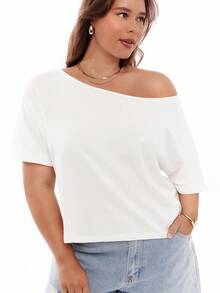 Solavibe 大码女式休闲白色宽松露肩短袖T恤