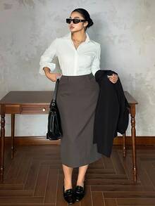 Dazy Plus 大码女式修身中长直筒裙，商务休闲通勤风格，春秋季 - 灰色 - 查看 5