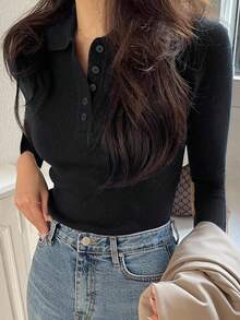 DAZY Women Short Sleeve Sweater, Polo Collar Knit Top With Half-Zip Front Summer Fall - Black - View 5