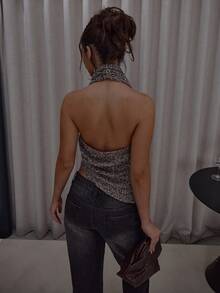 MUSERA 深V不对称下摆针织上衣，街头风可爱优雅休闲性感，适合秋季外出、假日、派对、春夏节日等场合。 - 棕色 - 查看 2