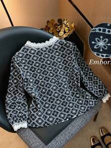 Franclia Plus Size Embroidered Floral Woven Open Front Shirt, Autumn/Winter - Navy Blue - View 2