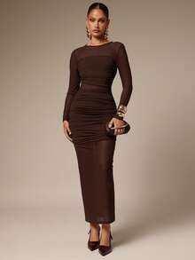 Silquee Đầm ôm xếp ly lưới cổ tròn tay dài màu trơn cho nữ - Cà phê nâu - Xem 6