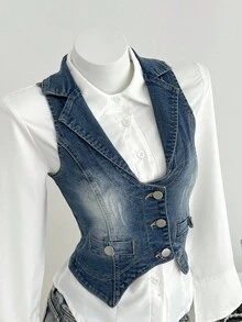 Elamini 女士休闲时尚街头翻领不对称下摆无袖单排扣牛仔衬衫，夏季 - 藍色 - 查看 4