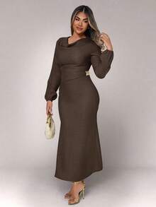 Xyvia Women's Metal Buckle Draped Neck Long Dress - Mocha Brown - View 6
