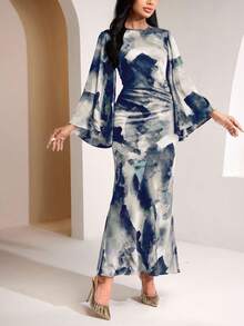 Veilorie Women's Tie-Dye Print Round Neck Flare Sleeve Ruched Fishtail Hem Elegant Dress