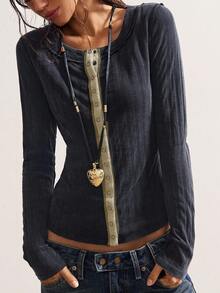 Bohemela 女式休闲纯色修身水洗针织长袖T恤 - 黑色 - 查看 7