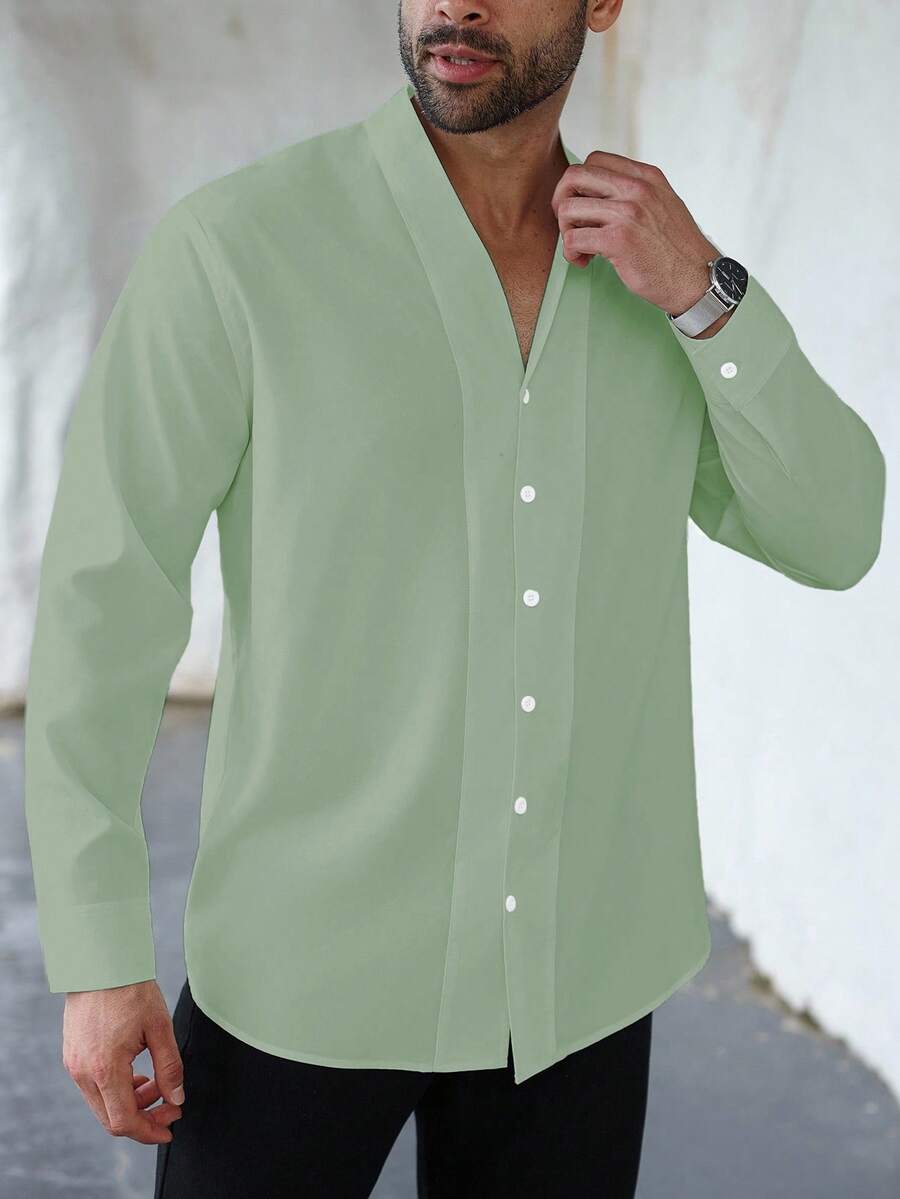 Manfinity Homme Áo sơ mi tay dài cài nút màu xanh lá cây trơn thường ngày cỡ lớn dành cho nam, dành cho mùa thu - màu xanh lá - Xem 1