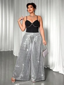 Cravure Plus Size Fashionable Party Sequin Wide Leg Pants - Silver - View 1