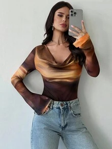 Firerie Women's New Elegant Minimalist Daily Casual Commute Versatile Brown Tie Dye Print Asymmetric Collar Long Sleeve Fitted Bodysuit, Autumn Fashion, Going Out Tops For Women, Airport Outfit For Women - Multicolor - View 2