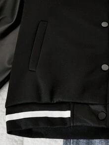 SHEIN 女童夹克外套，正面字母刺绣图案，黑色 PU 皮革袖子，黑白条纹袖口、下摆和衣领，适合秋冬季外出、散步、上学、通勤，可搭配长袖、毛衣、裤子