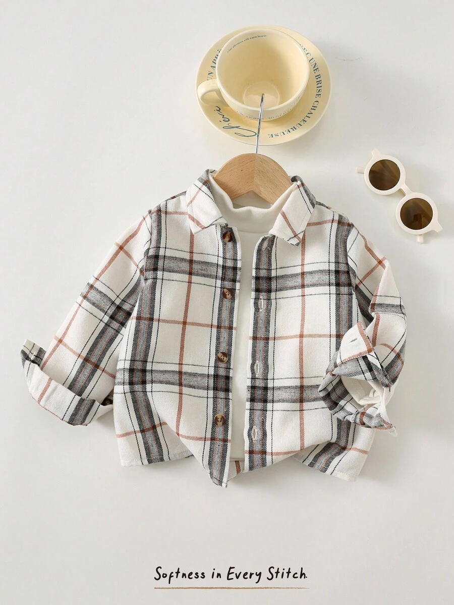 Cozy Pixies 男婴彩色格子翻领长袖开衫衬衫，百搭舒适的复古格子衬衫，绅士风格，休闲日常穿着，适合学校、居家、户外活动、返校季、日常穿着、运动、玩耍、派对、节日、万圣节、圣诞节、新年、情人节等多种场合。 - 彩色 - 查看 1