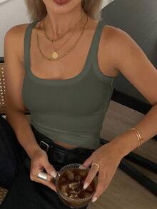 DAZY 女士纯色休闲商务背心，夏季新品 - 軍綠色 - 查看 4