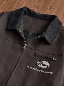 Manfinity Unisex 标准尺码男士时尚刺绣拼接长袖外套，适合秋季、冬季及情侣穿着 - 灰色 - 查看 4