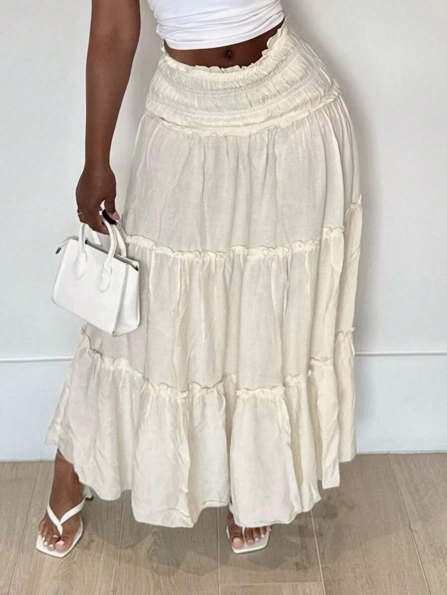 Alexandranx 腰部褶皱拼接蛋糕裙喇叭裙，休闲日常度假裙