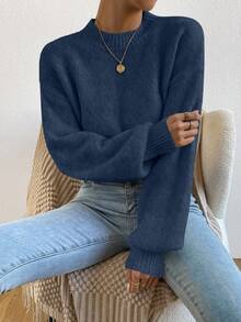 EMERY ROSE 女式牛仔蓝色圆领落肩灯笼袖羊毛混纺套头衫 - 藍色 - 查看 5