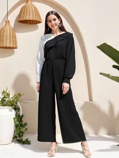 独特条纹拼布撞色长袖针织衫&高腰裤套装，独特V领设计，精致气质，适合春秋冬