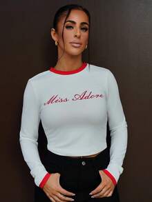 SAYEHFBABY Women's Casual White&Red Letter Slogan Fitted T-Shirts, Long Sleeve T-Shirts,Retro,Western,Fairy,Preppy - Red and White - View 1