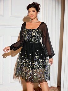 Cravure Plus Size Women's New Elegant Party Square Neck Floral Embroidery Mesh Lantern Sleeve A-Line Dress - Multicolor - View 7