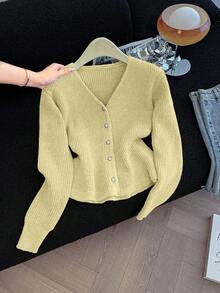 GlowEve 女式纯色长袖单排扣荷叶边下摆针织开衫，秋冬 - 淡黃色 - 查看 7