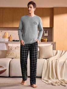 Manfinity Underwear&Sleepwear Basics 男士字母印花圆领长袖上衣和格子裤家居服套装，秋季服装，圣诞节 - 淺灰色 - 查看 4
