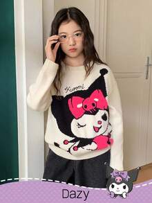 HELLO KITTY AND FRIENDS | SHEIN DAZY 秋冬款少女可爱卡通图案圆领毛衣 - 米色 - 查看 4