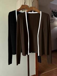 Lyxana Fashionable Minimalist Contrast Color Trim Cardigan, Versatile - Brown - View 3