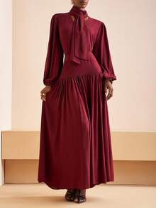 Zivah 2025 Winter New Style, Christmas, New Year, Birthday Party, Party, Back To School, Preppy Style, Student Wear, Everyday Outing, Basic Versatile, Casual, Cruise Travel, Influencer Style, Street Style, Elegant, Commuter, Business Casual, Small Stand-Up Collar, Tie Front Collar, Small V-Neck Bubble Effect, Long Sleeve Straight-Cut Loose Shirt With Gathered Maxi Skirt, Burgundy Suit, Winter Suit, Christmas Suit, New Year Suit, Women's Two-Piece Suit - Red Violet - View 2