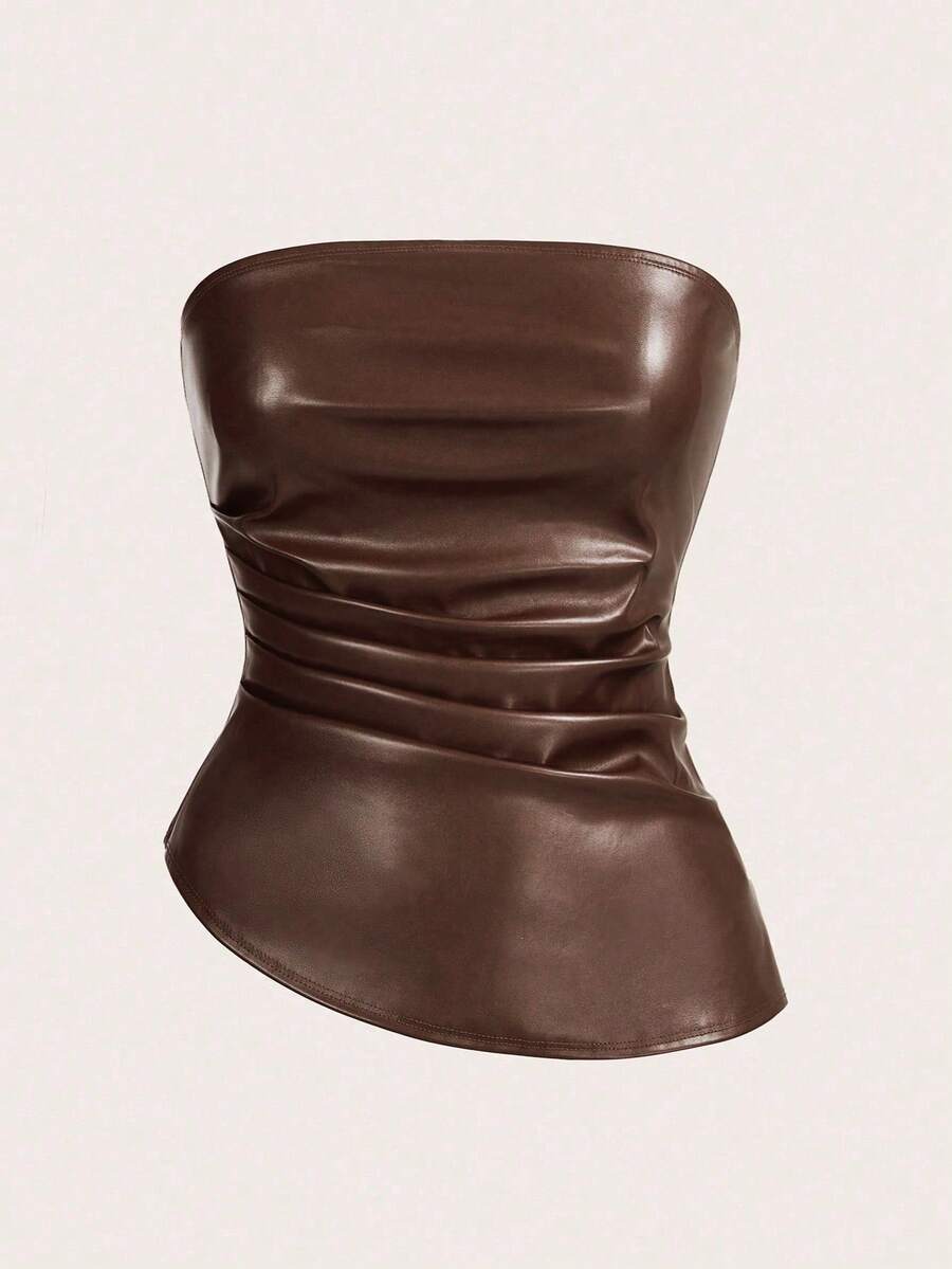 SHEIN Tall Women's Fashionable Pleated Fitted PU Leather Tube Top, Summer,Brown Top - Brown - View 1