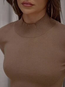 MUSERA High Neck Fitted Knit Long Sleeve Catsuit Streetwear Cute Classy Casual Sexy Going Out Fall Autumn Toffee  New Years   Elegant - Camel - View 7