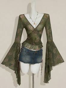 SHEIN ICON Vintage Retro Print Mesh Sheer V-Neck Flare Sleeve Women Top Bell Sleeves Boho Top